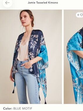 Anthropologie x Kachel Jamie Tasseled Blue Floral Silk Kimono One Size S M L